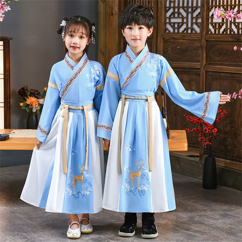 子供のための伝統的な中国の漢服ドレス、古代の子供のパフォーマンス、学生、赤、モダン、女の子、男の子