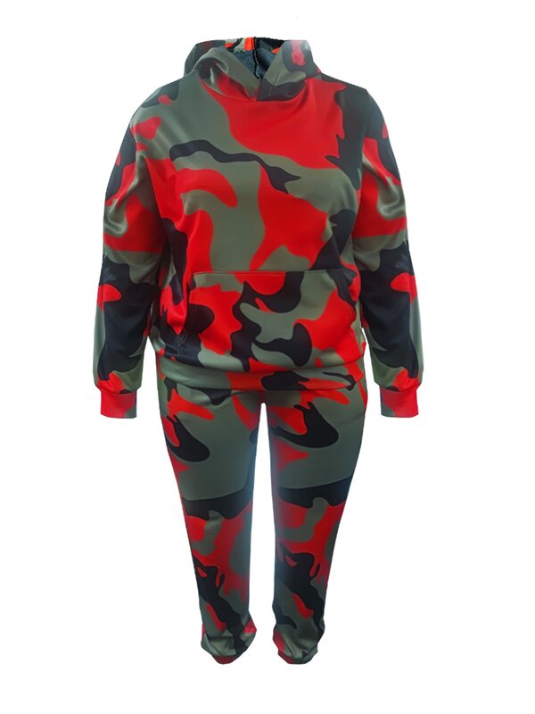 LW Camo Print Two Pieces Sportswears Casual 2pcs Tracksuit Women's Fall Winter Matching Outfits Hooded Collar Top&Trousers