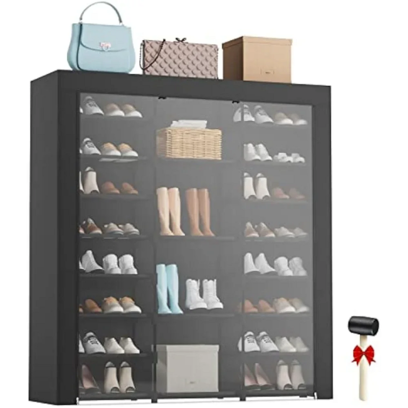 Grande sapateira alta com tampas, armário de sapatos, armário de sapatos preto, organizador de sapatilhas, prateleiras de sapatos, suporte para quarto, 9 camadas, 40-46 pares