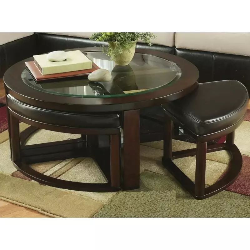 Roundhill-muebles cilíndricos de madera maciza, mesa de centro redonda con tapa de vidrio, con 4 taburetes, nueva