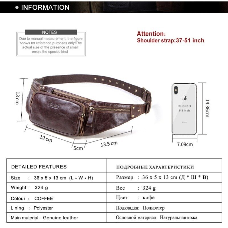 Genuine leather men's sports waist bag cowhide multifunctional leisure phone bags chest bag