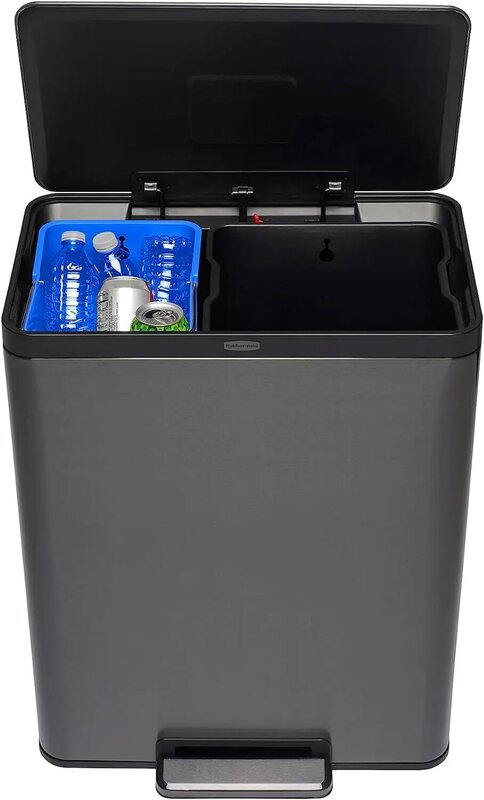 Rubbermaid Elite Stainless Steel Metal Dual Stream Step-On Trash Can for Home, Kitchen Waste and Recycling, 15.9 Gallon,