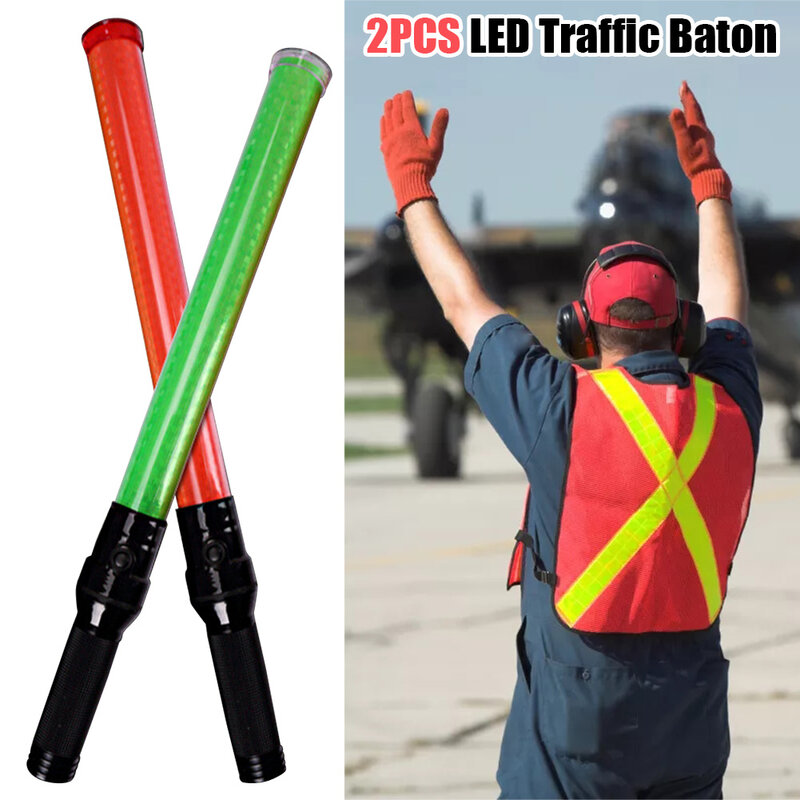 2pcs 21inch LED Traffic Baton Safty Warning 2 Flashing Modes Signal Battery Operated Indicator Anti Slip Handle Police Portable