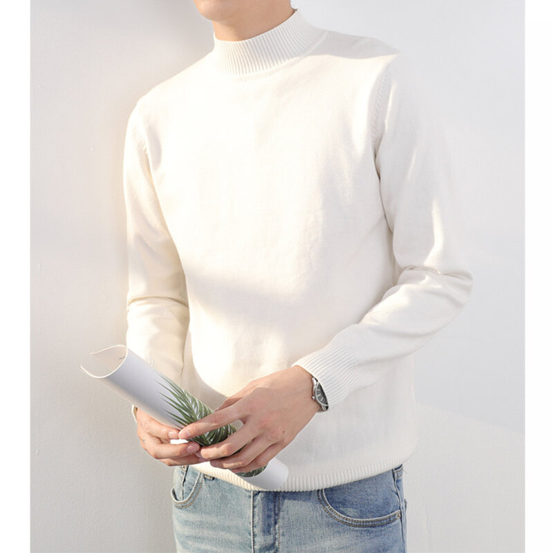 MRMT-suéter masculino meia gola alta estilo coreano, suéter fino de malha base, cor pura, top branco, arte da tendência, novo, 2024