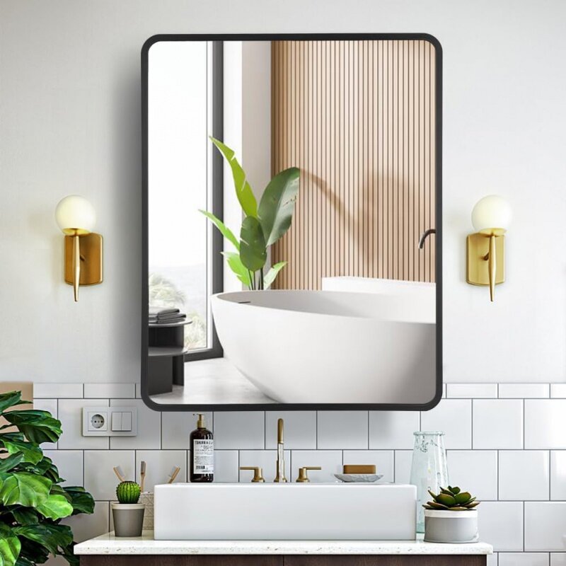 مرآة حمام بإطار معدني أسود ، خزانة أدوية ، زينة مشطوفة مائلة مستطيلية ، استراحة أو سطح ، 24 بوصة × 30 بوصة
