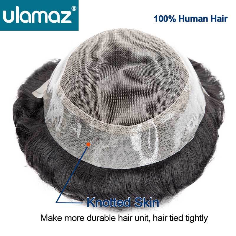 Wig alami renda depan pria, rambut palsu alami simpul ganda rambut manusia sistem rambut kulit renda Prancis untuk pria prostesis kapiler