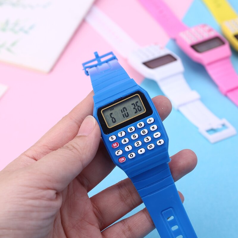 นาฬิกาข้อมือแฟชั่นเครื่องคิดเลขอิเล็กทรอนิกส์สำหรับเด็กใช้งานได้อเนกประสงค์บอกวันที่ทำจากซิลิโคน