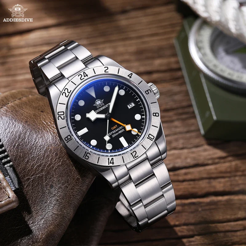 Бренд ADDIESDIVE, 39 мм кварцевые часы GMT 200 м для дайвинга, светящиеся зеркальные Спортивные стеклянные часы с пузырьками для мужчин AD2035, мужские часы