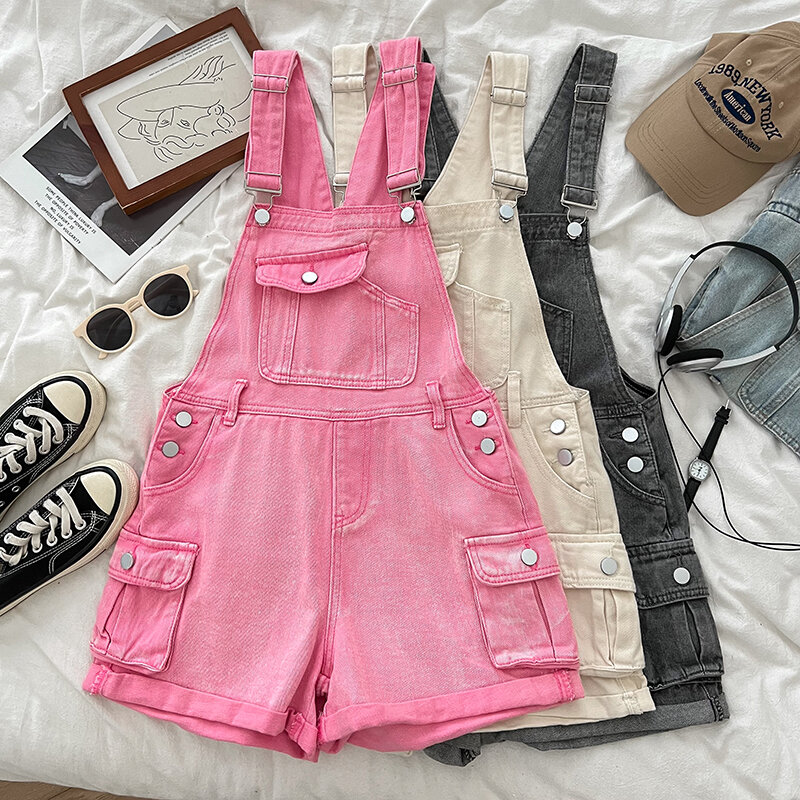 American Style Suspender Denim Shorts Women Summer Multiple Pockets Wide Leg Cargo Pants Fashion Trend All-matched Jumpsuit