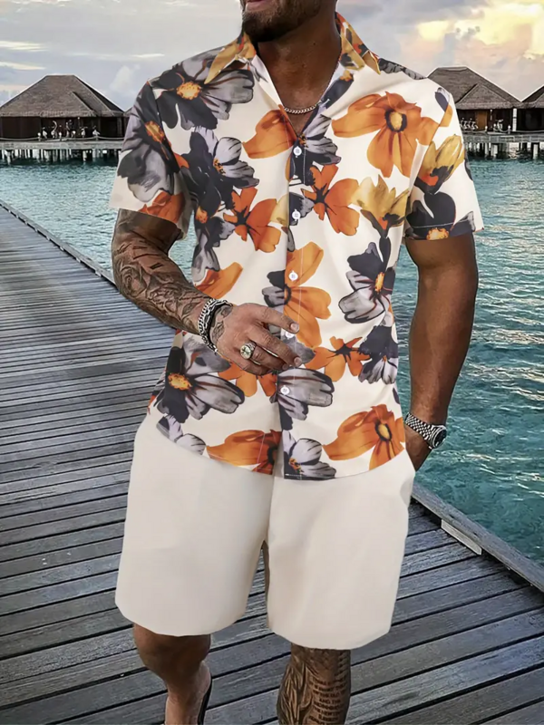 เสื้อเชิ๊ตของผู้ชายชุดพิมพ์ลายดอกไม้3D ย้อนยุคแขนสั้นลำลองขนาดใหญ่ชุดเที่ยวชายหาดฤดูร้อนชุดเสื้อผ้าฮาวาย