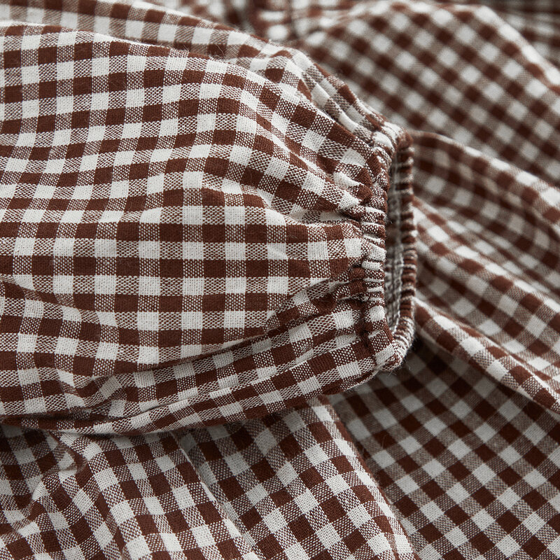 VISgogo طفلة طويلة الأكمام رومبير موضة منقوشة قميص مطبوع برقبة مستديرة خياطة ارتداءها القوس عقال الزي