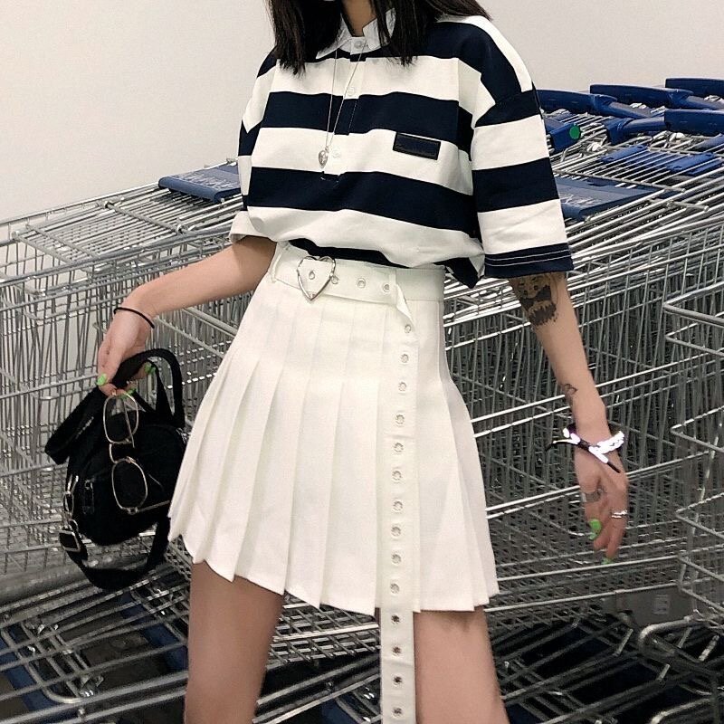 Mini-saia plissada de cintura alta para mulheres, cinto de amor linha A, branco, preto, moda Harajuku, novo, verão, Y2k