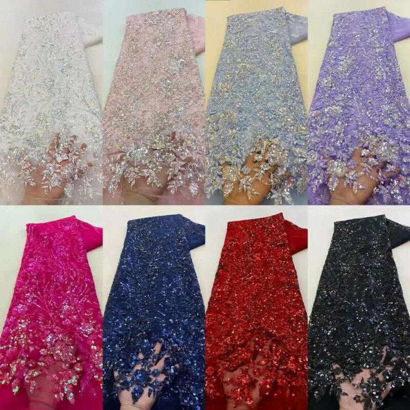 Latest African Sequins Lace Fabric 2024 High Quality Lace Embroidery Beaded Mesh Fabric 5 Yards For Women Wedding Party Dress