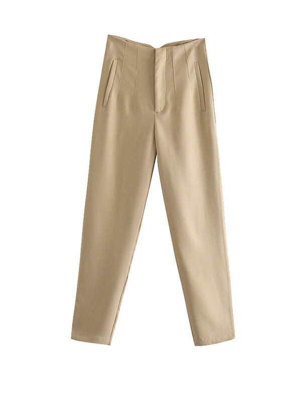 TRAF-pantalones de cintura alta con cremallera para Mujer, ropa de oficina con detalle de costura, Vintage, elegante, a la moda