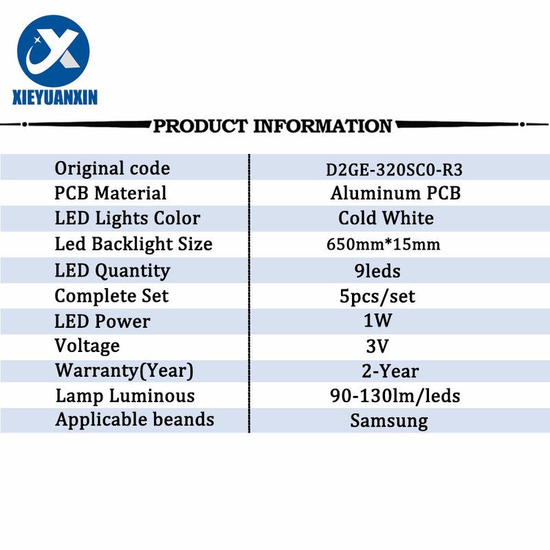 Bande de rétroéclairage LED pour Samsung, 32f, 9led, D2GE, 320SC0, R3, UN32F5000AGXZB, UN32F5000AGXPR, UN32F5000AGXPE, UN32F5000AFXZX, 650mm, 5 pièces