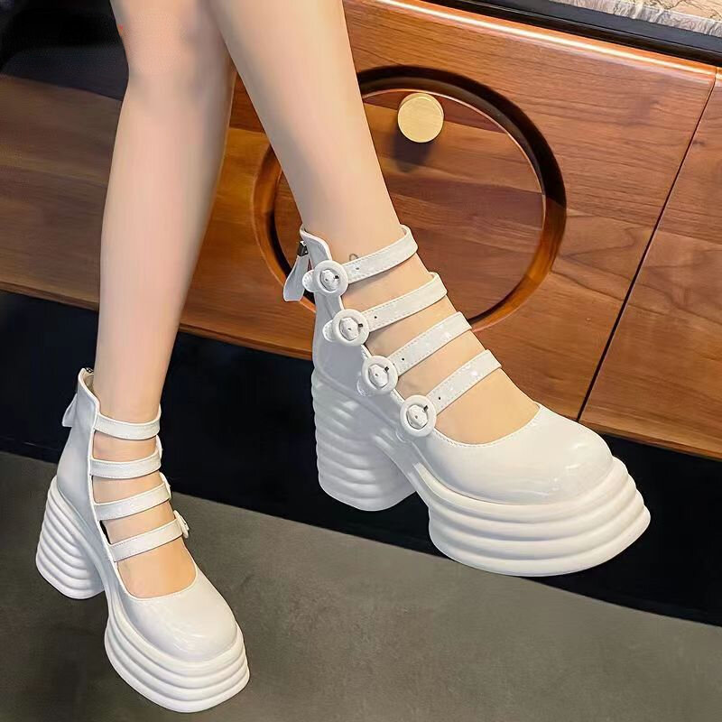 Sepatu Platform wanita 2024 musim panas baru ujung bulat hak tebal sepatu wanita hak tinggi putih Mary Jane sepatu sandal hak tinggi sederhana