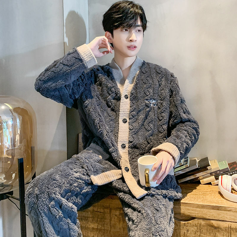 V-neck Nightwear Men Pajamas Set Warm Autumn Winter Thickened Long Sleeve Long Pants Flannel Homewear Sets Button Pockets Korean