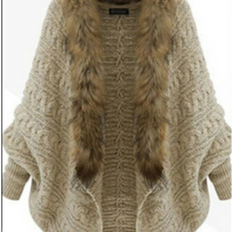 Winter Fashion Knitted Cardigan Women Bat Cape Shawl Collar Fashion Female Faux Fur Coats Overcoat Outwear