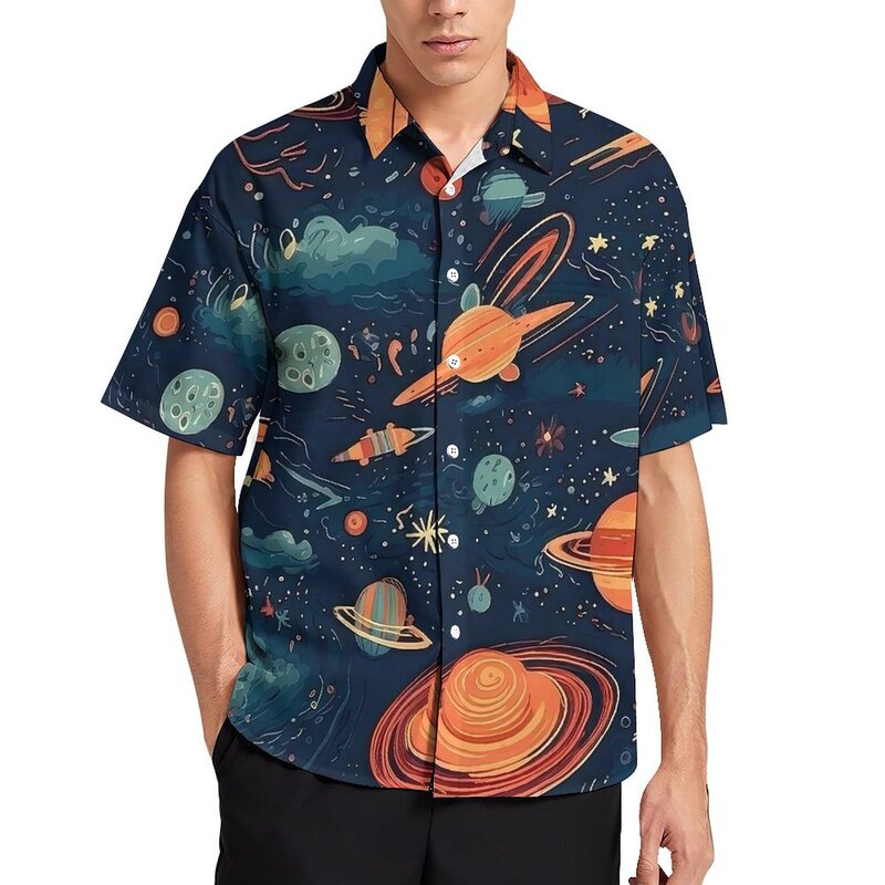 Гавайская рубашка с коротким рукавом для мужчин, Пляжная блузка оверсайз в повседневном стиле, с планетами и звездами, уличная одежда, лето 2019