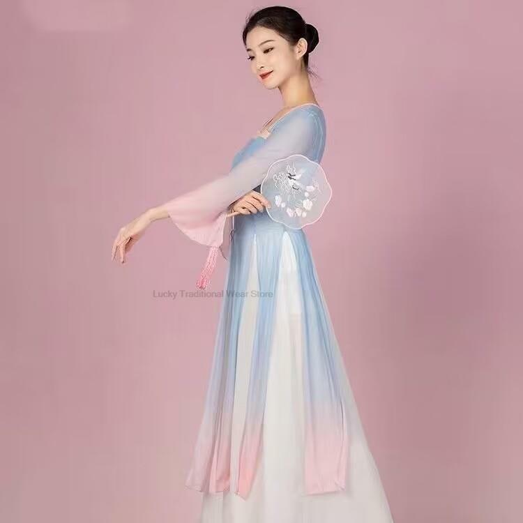 Gaun dansa antik tradisional Cina gaun dansa terbuka + Celana Set kinerja gaun kuno setelan tari rakyat sifon