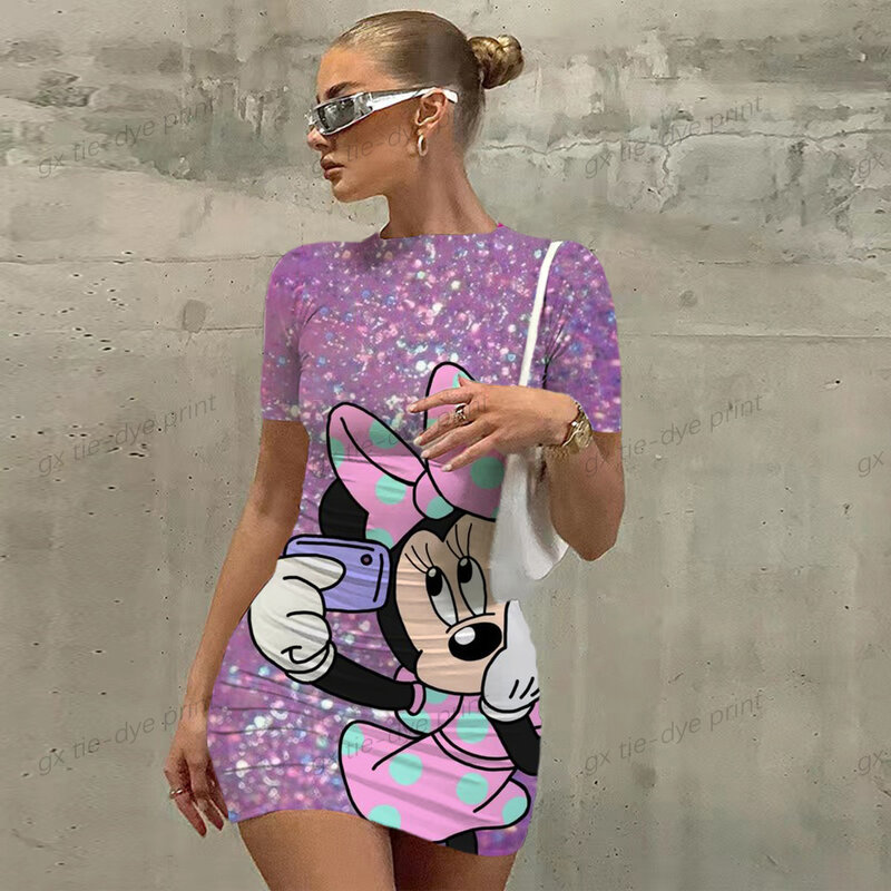Disney Minnie Mickey Mouse z kokardą, z nadrukiem elegancka sukienka ołówkowa damska prosta płaszcza sukienki biurowe lato z krótkim rękawem Casual Vestido