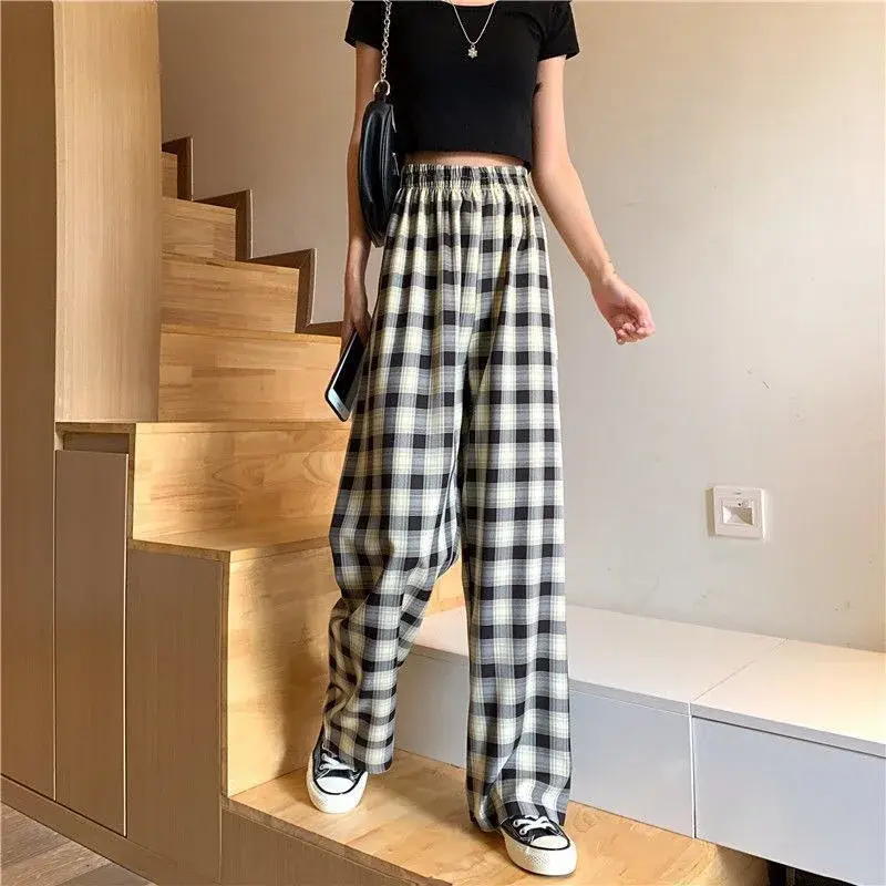 Calça de perna larga grande feminina, estilo coreano, cintura alta, xadrez, Harajuku, primavera, outono, 2022