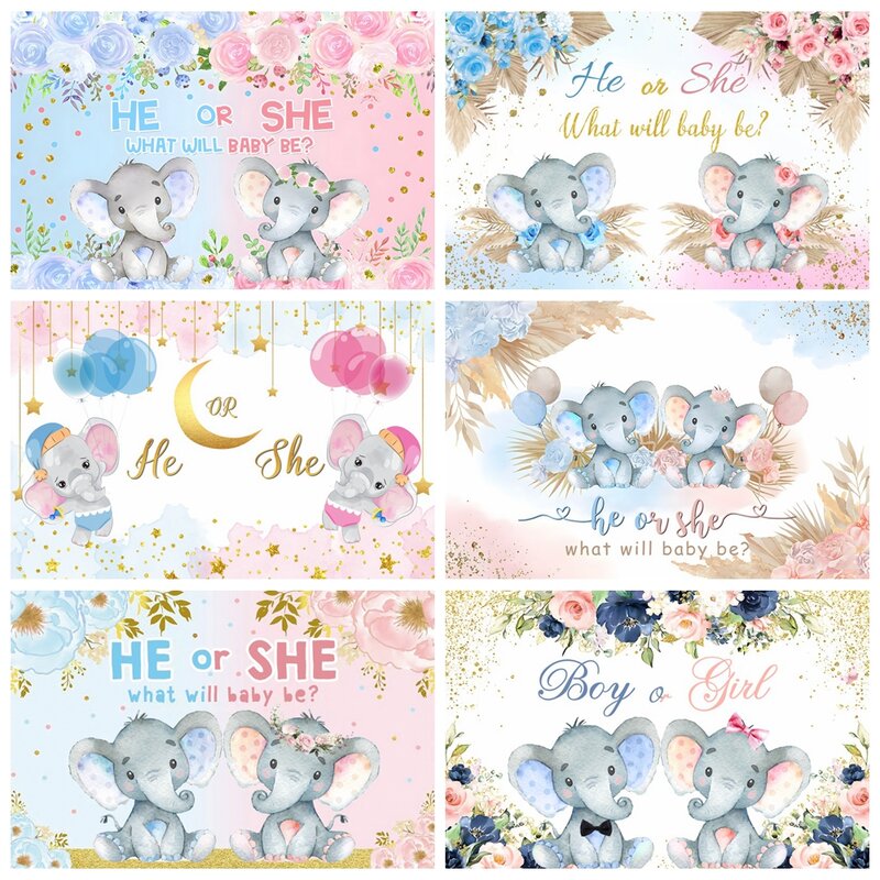 Gender Reveal Newborn Photograohy Backdrop Boho Style Cartoon Elephant Flower Boy or Girl He or She Baby Shower Photo Background
