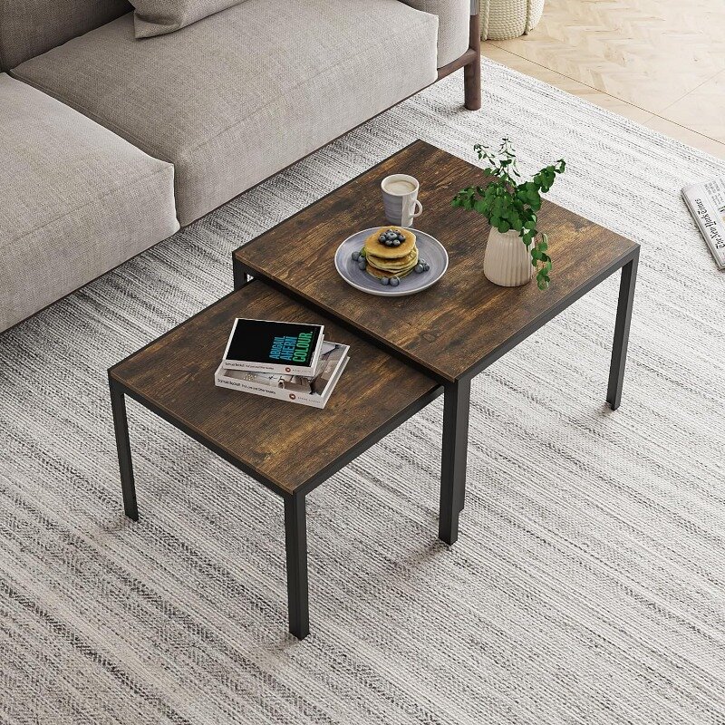 Smuxee Nesting Coffee Table Set of 2, Square Modern Stacking Table with Wood Finish, Industrial End Table Side Tables for Living