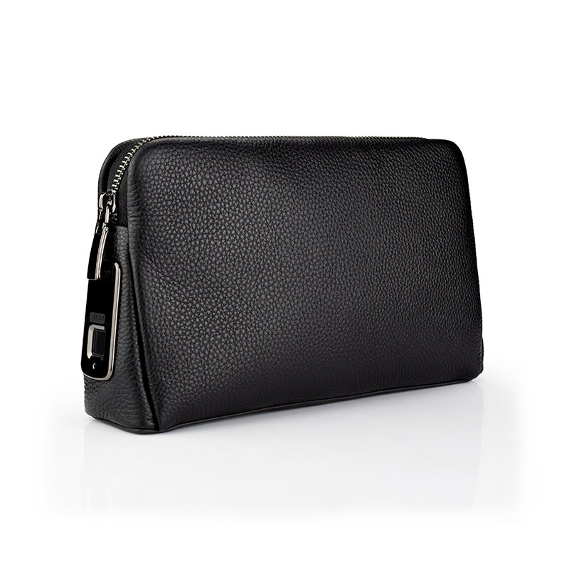 Men Zipper Leather Wallet Smart Fingerprint Security Anti Theft Handbag Black