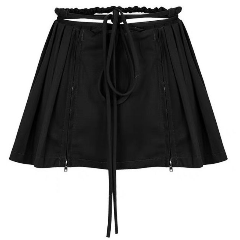 HOUZHOU Sexy Micro Skirt Women Pleated Patchwork Asymmetrical Zipper Split Vintage Lace Up Hollow Hot Girl Solid Mini Skirt