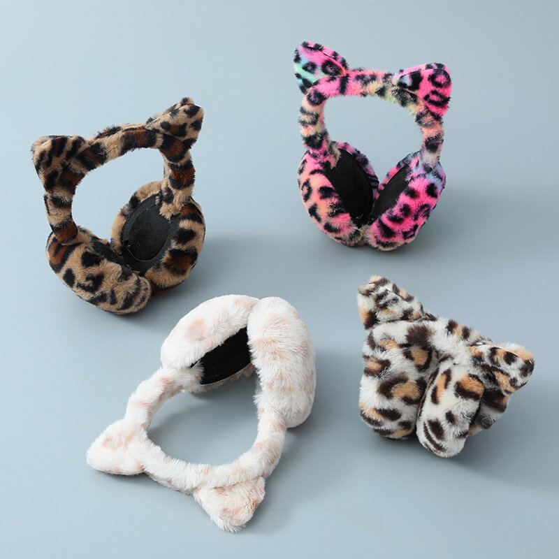 Soft Plush Leopard Print Cat Ears Earmuffs for Women Winter Thicken Warm Ear Protection Windproof Headband Cute Foldable Ear Cov