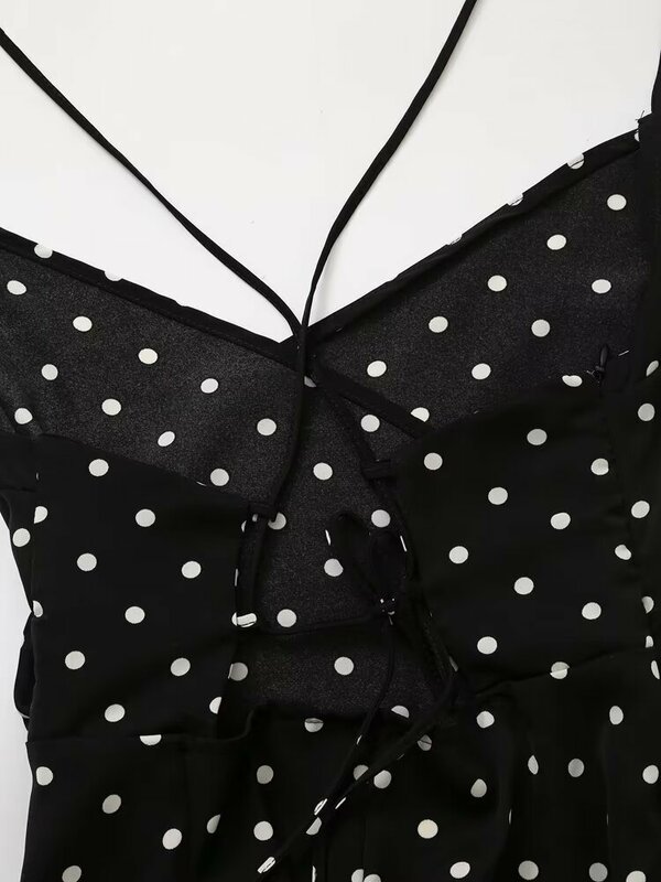 Vestido feminino fino de bolinhas com estampa Split Midi, decoração plissada, retrô, sem mangas, alças finas, nova moda