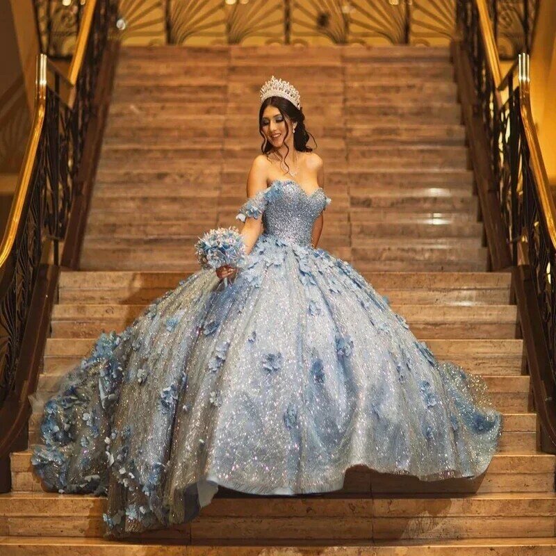 Elegant Sky Blue Quinceanera Dresses Off Shoulder Ball Gown Beaded 3D Flowers Formal Party Birthday Gowns Sweet 15 16 Dress