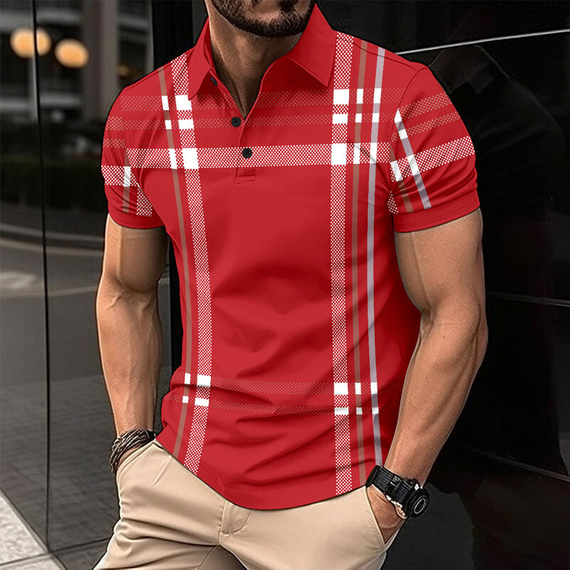 Camisa polo listrada de manga curta masculina, blusa com botões, roupa respirável, nova moda, 2024
