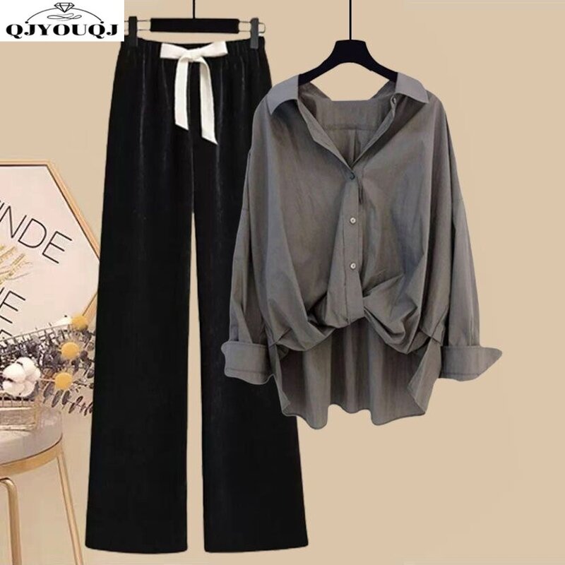 Женский комплект из двух предметов, универсальная Свободная рубашка и брюки с широкими штанинами в Корейском стиле, сезон весна-осень 2024