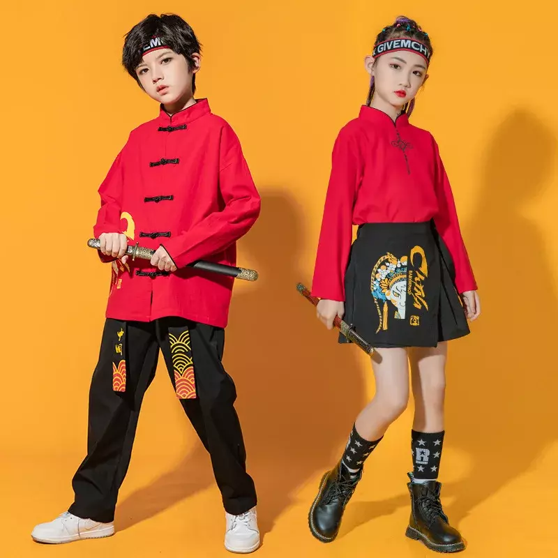 중국 전통 새해 한푸 레드 셔츠, 여아용 블랙 팬츠 스커트, 소년 무대 댄스 공연 코스튬 의류
