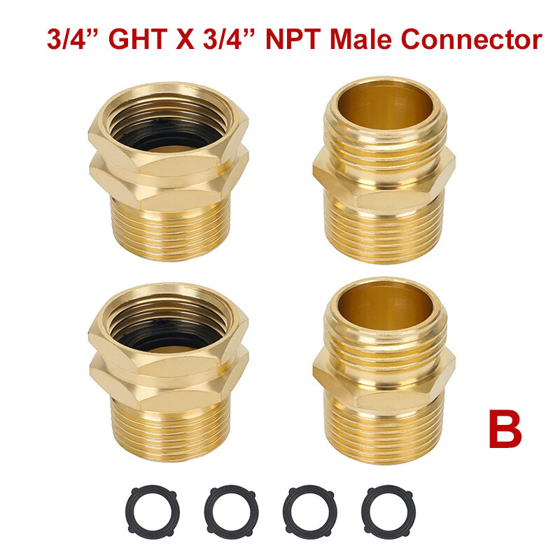 Raccords de tuyau d'arrosage en laiton, connecteur de tuyau mâle, adaptateur de tuyau d'eau avec rondelles, 3/4 "GHT x 3/4" NPT, 3/4 "GHT x 1/2" NPT, 4 pièces