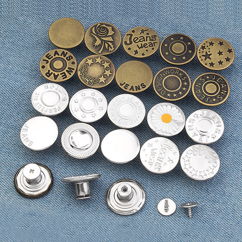 ジーンズ用の取り外し可能な金属ボタン,ジーンズクリップ,スナップクリップ,調整可能なウエストボタン,バックルとネジの修理キット,5個。