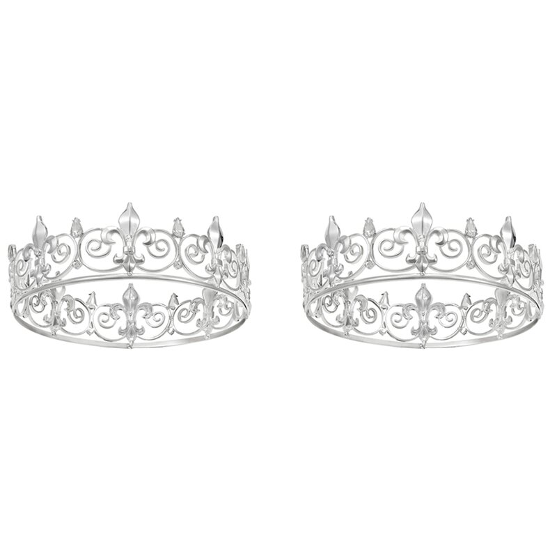 2x königliche Königs krone für Männer-Metall prinzen kronen und Diademe, runde Geburtstags feier hüte, mittelalter liche Accessoires (Silber)