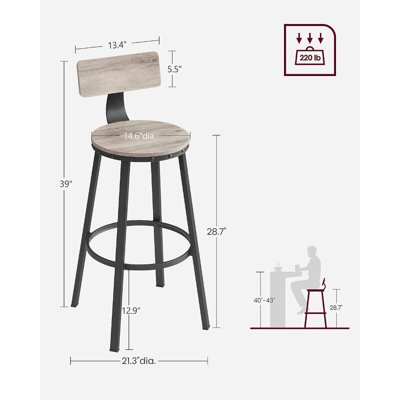 Bar Stools Set of 2, Bar Height Barstools with Back, Counter Stools Bar Chairs with Backrest, Steel Frame, Easy Assembly,