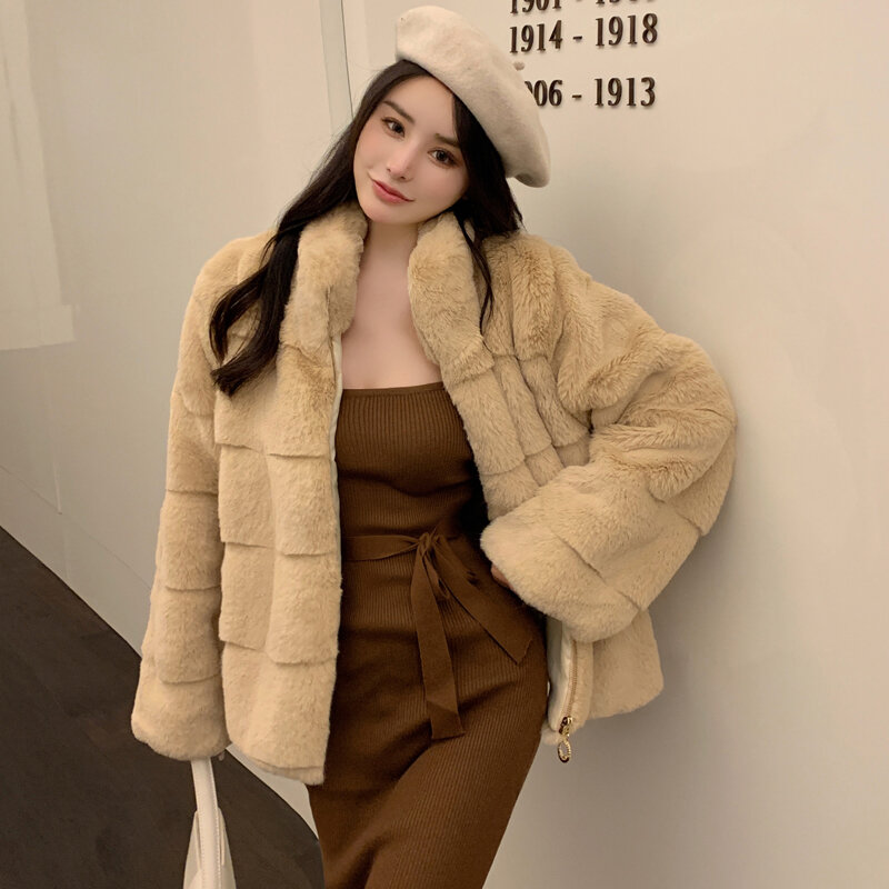 Faux Min futrzany płaszcz damski na suwak z długimi rękawami lekki ciepły koreański płaszcz ze sztucznego futra zimowy