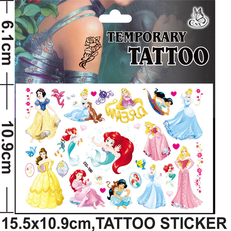 Disney Prinses Tattoo Stickers Cartoon Mermaid Sneeuwwitje Kinderen Armen Gezicht Tijdelijke Fake Tattoos Body Art Kids Party Gifts