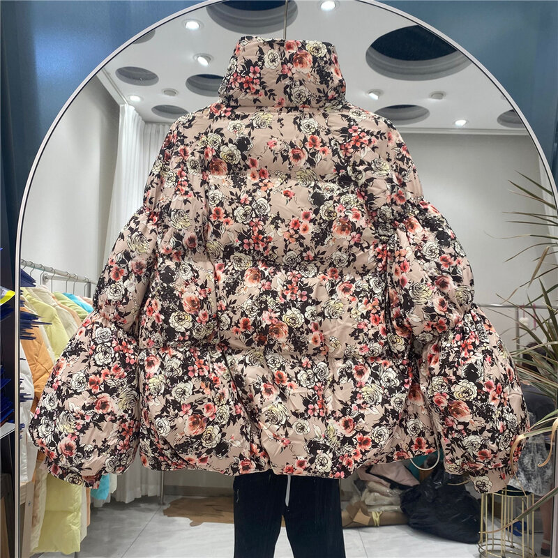 Winter New Short Down Jacket For Women Korean Stand Collar Fashion Vintage Floral Print Down Parka Female Puffer Coat Y3121