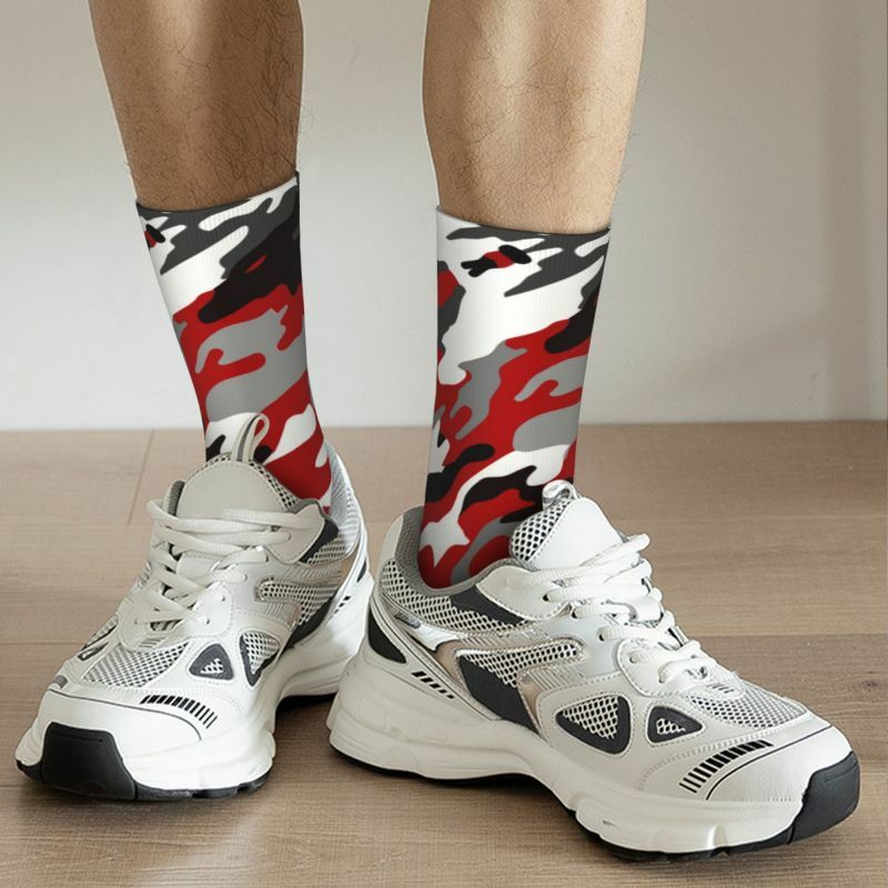 Fun Printed Red Camo Socks for Men Women Stretch Summer Autumn Winter Army Military Camouflage Crew Socks