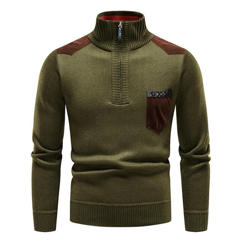 Zimowy sweter patchworkowe kieszeń pół-wysoki kołnierz Vintage Retro zamek na drutach ciepły elastyczna dzianina sweter na odzież na co dzień