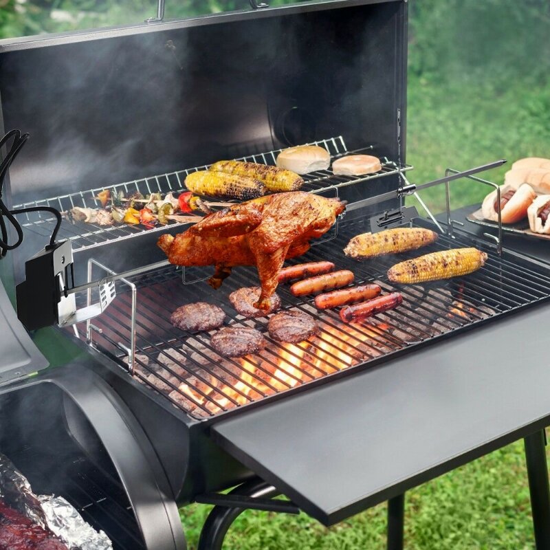 Universal automático grill rotisserie kit com 4w motor elétrico suporte para churrasco torrador haste de espeto carne garfo suportes completos ferramenta