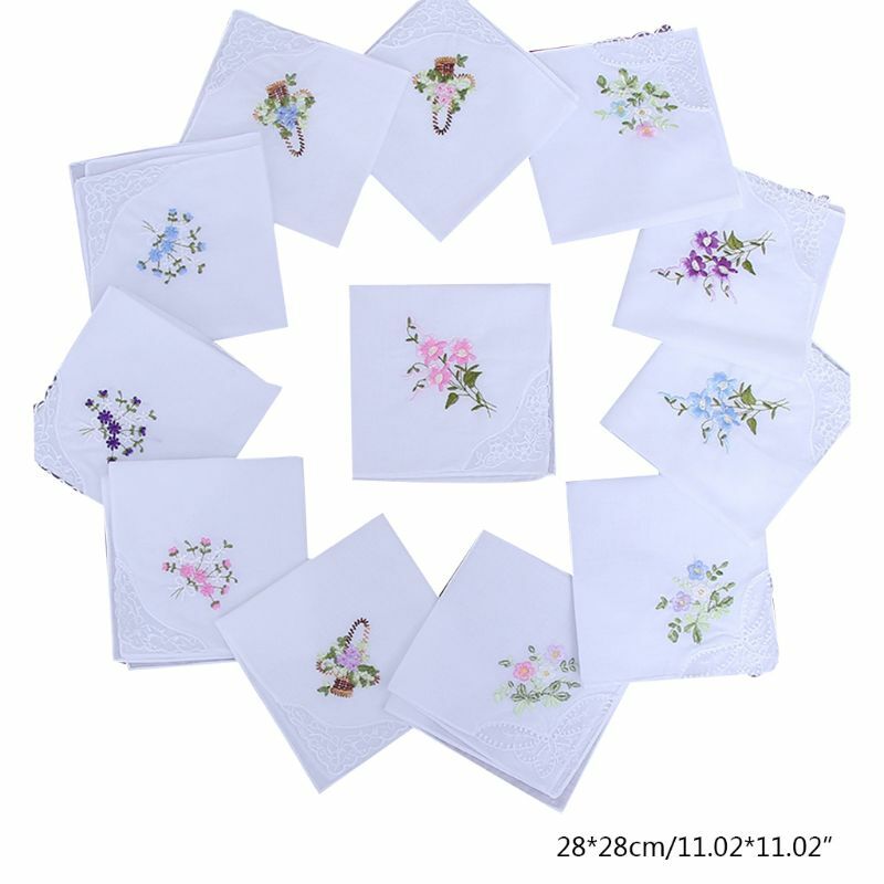 5Pcs/Set 11x11 Inch Womens Cotton Square Handkerchiefs Floral Embroidered with for Butterfly Lace Corner Pastoral Pocket