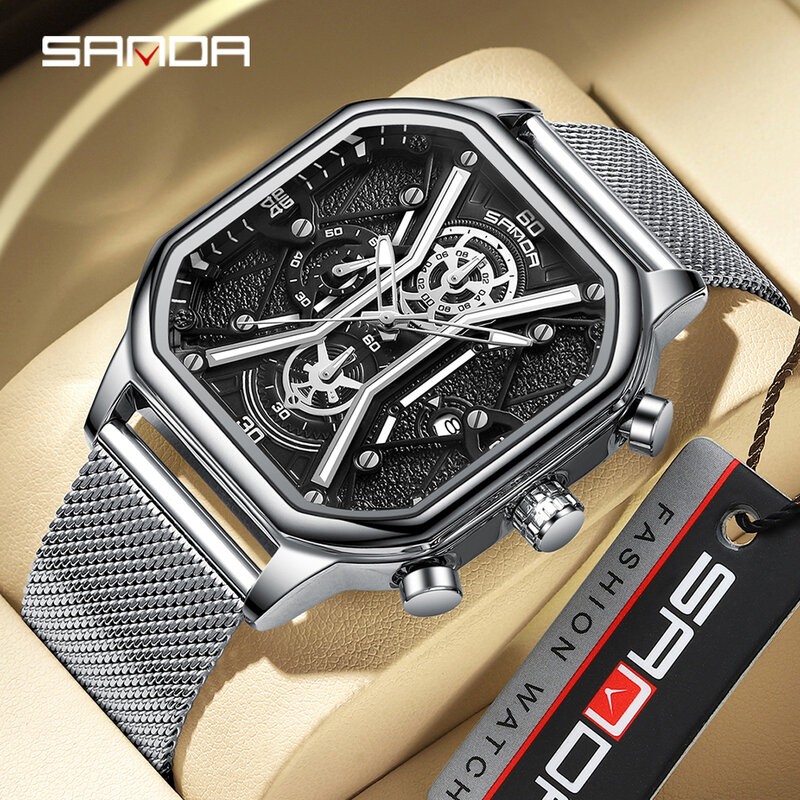 SANDA-Relógio Quartz Quadrado de couro impermeável masculino, Relógios de pulso luxo, Relógio luminoso, Data, 7057