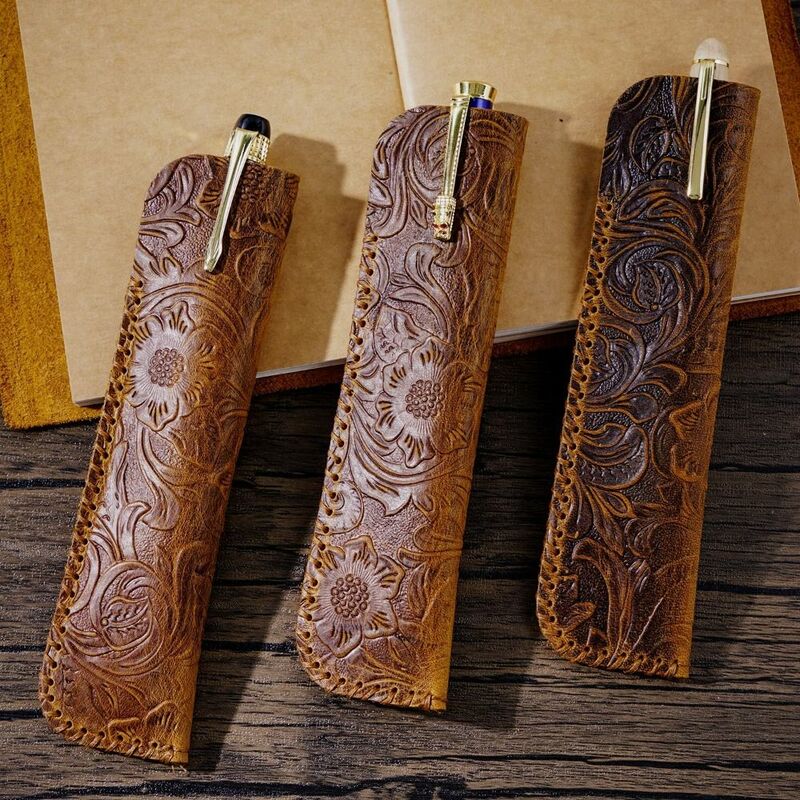 Genuine Leather Brown Embossing Flower Creative Pen Bag Pencil Pouch Storage Bag Gift Protection Case