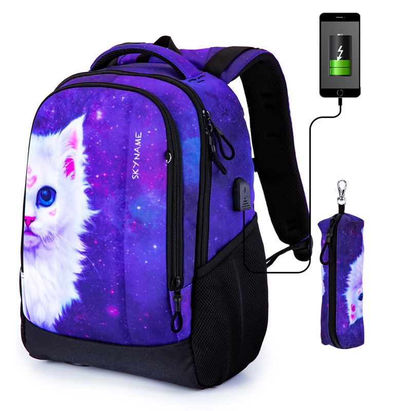 Tas sekolah motif kucing tiruan, tas punggung pelajar anak perempuan remaja, tas sekolah multifungsi pengisian daya USB